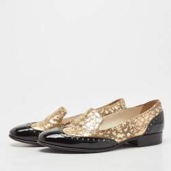 Pre Owned Chanel Black/Gold Brogue Patent and Printed Leather Slip On Loafers Size 37.5