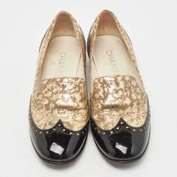 Pre Owned Chanel Black/Gold Brogue Patent and Printed Leather Slip On Loafers Size 37.5