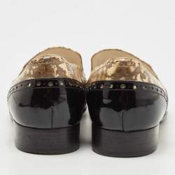 Pre Owned Chanel Black/Gold Brogue Patent and Printed Leather Slip On Loafers Size 37.5