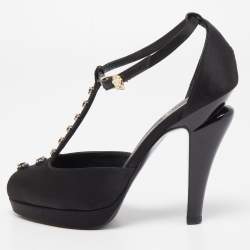 Chanel Black Satin Crystal Embellished T-Strap Platform Pumps Size 35.5