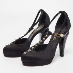 Chanel Black Satin Crystal Embellished T-Strap Platform Pumps Size 35.5