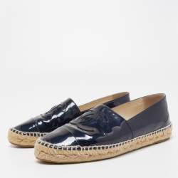 Chanel Black Patent Leather CC Espadrille Flats Size 39