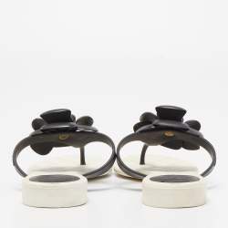 Pre Owned Chanel Black/White Rubber Accent Camellia Thong Flats Size 37