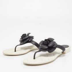 Pre Owned Chanel Black/White Rubber Accent Camellia Thong Flats Size 37