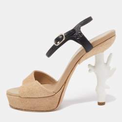 مملوكة مسبقًا Chanel Beige Textured Suede Ankle Strap Platform Sandals Size 38