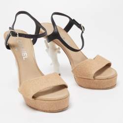 مملوكة مسبقًا Chanel Beige Textured Suede Ankle Strap Platform Sandals Size 38