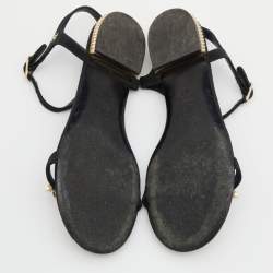 Chanel Black Canvas Pearl Embellished Ankle Strap Flat Sandals Size 36