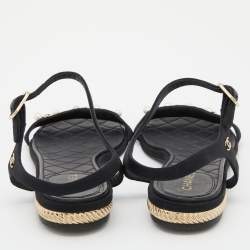 Chanel Black Canvas Pearl Embellished Ankle Strap Flat Sandals Size 36