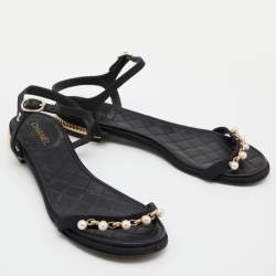 Chanel Black Canvas Pearl Embellished Ankle Strap Flat Sandals Size 36