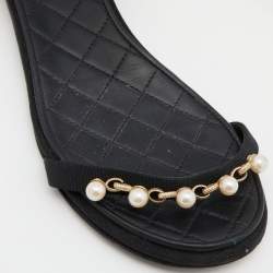 Chanel Black Canvas Pearl Embellished Ankle Strap Flat Sandals Size 36