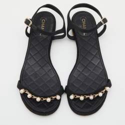 Chanel Black Canvas Pearl Embellished Ankle Strap Flat Sandals Size 36
