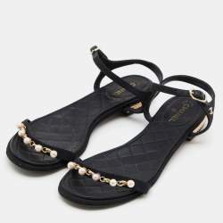 Chanel Black Canvas Pearl Embellished Ankle Strap Flat Sandals Size 36
