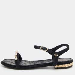 Chanel Black Canvas Pearl Embellished Ankle Strap Flat Sandals Size 36
