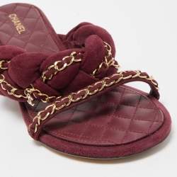 Chanel Burgundy Suede Chain Slide Sandals Size 40.5