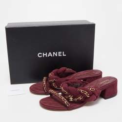 Chanel Burgundy Suede Chain Slide Sandals Size 40.5