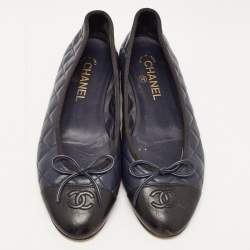 Chanel Navy Blue/Black Leather CC Cap Toe Ballet Flats Size 39.5