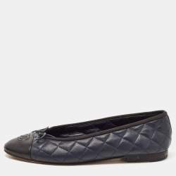 Chanel Navy Blue/Black Leather CC Cap Toe Ballet Flats Size 39.5 Chanel