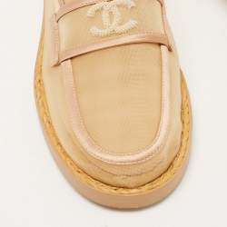 Pre Owned Chanel Beige Mesh and Satin Faux Pearl Embellished CC Loafers Size 36.5