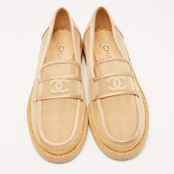 Pre Owned Chanel Beige Mesh and Satin Faux Pearl Embellished CC Loafers Size 36.5
