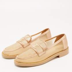Pre Owned Chanel Beige Mesh and Satin Faux Pearl Embellished CC Loafers Size 36.5