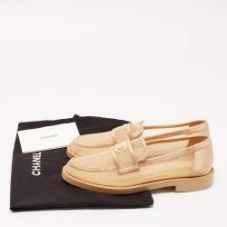 Pre Owned Chanel Beige Mesh and Satin Faux Pearl Embellished CC Loafers Size 36.5