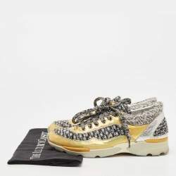 Pre Owned Chanel Gold/Silver Leather and Tweed CC Lace Up Sneakers Size 37.5