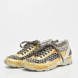 Pre Owned Chanel Gold/Silver Leather and Tweed CC Lace Up Sneakers Size 37.5