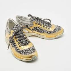 Pre Owned Chanel Gold/Silver Leather and Tweed CC Lace Up Sneakers Size 37.5