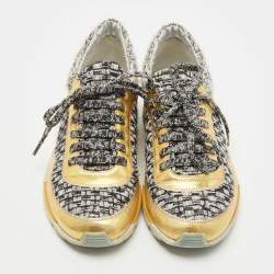 Pre Owned Chanel Gold/Silver Leather and Tweed CC Lace Up Sneakers Size 37.5