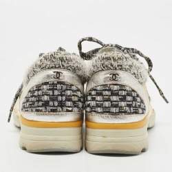 Pre Owned Chanel Gold/Silver Leather and Tweed CC Lace Up Sneakers Size 37.5