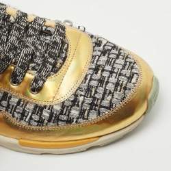 Pre Owned Chanel Gold/Silver Leather and Tweed CC Lace Up Sneakers Size 37.5