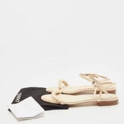 Chanel Cream Leather Faux Pear Embellished Ankle Strap Sandals Size 36.5