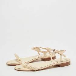 Chanel Cream Leather Faux Pear Embellished Ankle Strap Sandals Size 36.5