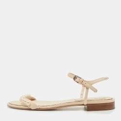Chanel Cream Leather Faux Pear Embellished Ankle Strap Sandals Size 36.5