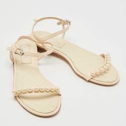 Chanel Cream Leather Faux Pear Embellished Ankle Strap Sandals Size 36.5