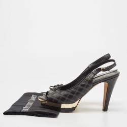 Chanel Black/Gold Leather CC Bow Peep Toe Platform Slingback Pumps Size 39.5