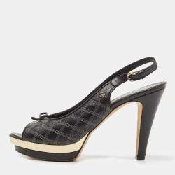 Chanel Black/Gold Leather CC Bow Peep Toe Platform Slingback Pumps Size 39.5