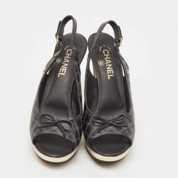Chanel Black/Gold Leather CC Bow Peep Toe Platform Slingback Pumps Size 39.5