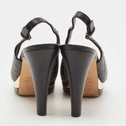 Chanel Black/Gold Leather CC Bow Peep Toe Platform Slingback Pumps Size 39.5