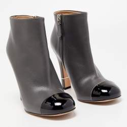 Pre Owned Chanel Grey/Black Leather and Patent Cap Toe CC Ankle Booties Size 36