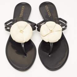 Chanel Black Rubber Camellia Thong Flats Size 40