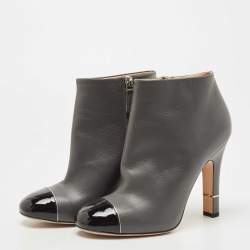 Chanel Grey/Black Leather and Patent Cap Toe CC Ankle Booties Size 37.5
