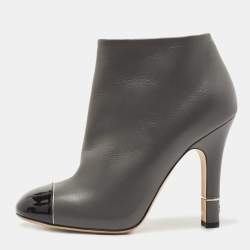 Chanel Grey/Black Leather and Patent Cap Toe CC Ankle Booties Size 37.5
