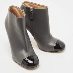 Chanel Grey/Black Leather and Patent Cap Toe CC Ankle Booties Size 37.5