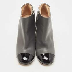 Chanel Grey/Black Leather and Patent Cap Toe CC Ankle Booties Size 37.5