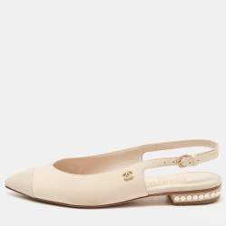 Chanel Beige/Grey Nubuck Leather Pearl Embellished Slingback Sandals Size 37