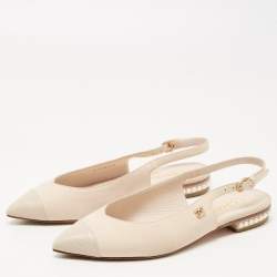 Chanel Beige/Grey Nubuck Leather Pearl Embellished Slingback Sandals Size 37