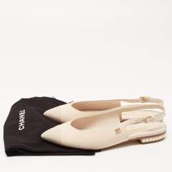 Chanel Beige/Grey Nubuck Leather Pearl Embellished Slingback Sandals Size 37