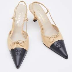 Chanel Beige/Black Leather Bow CC Cap Toe Pointed Pumps Size 38