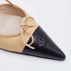 Chanel Beige/Black Leather Bow CC Cap Toe Pointed Pumps Size 38